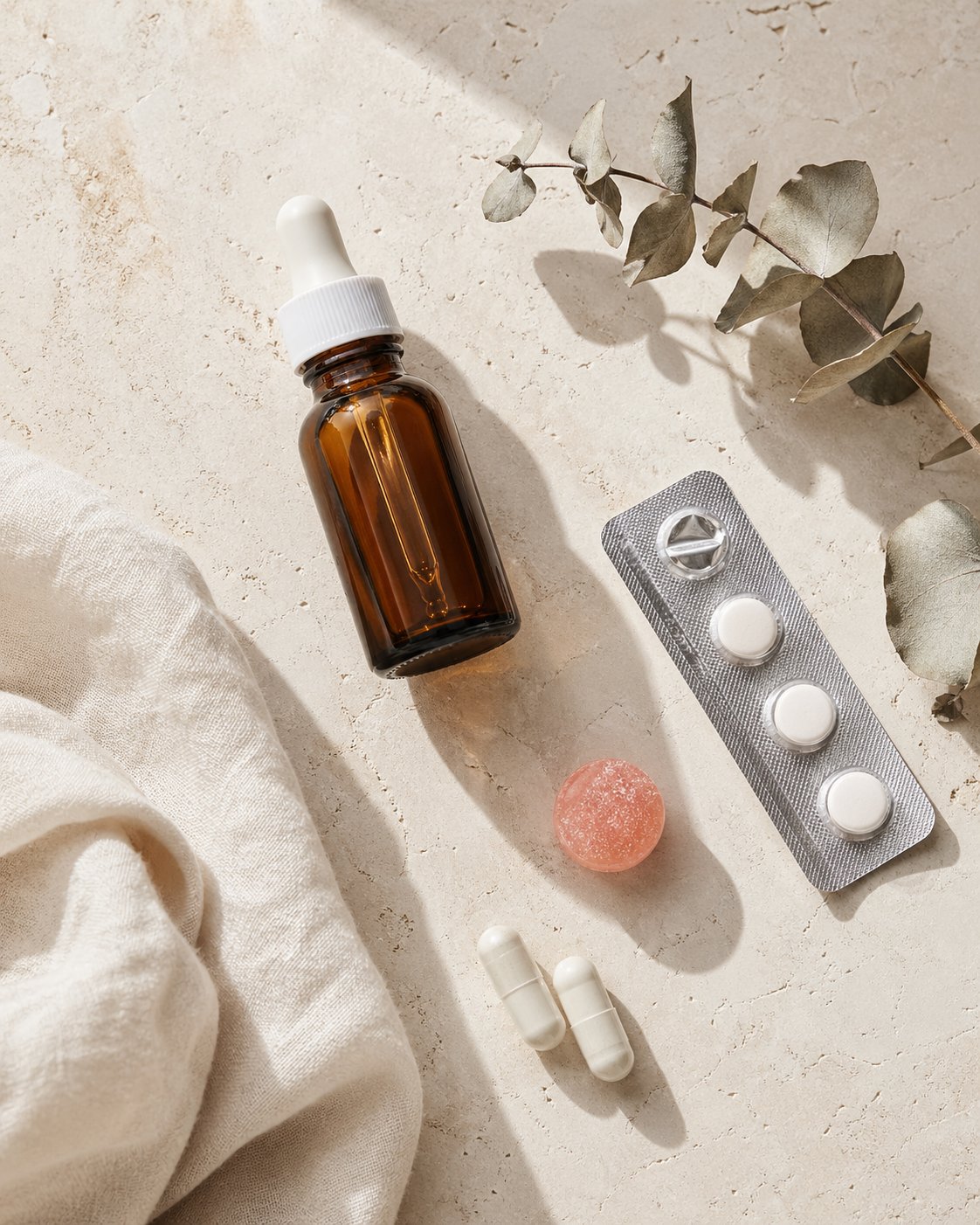 Oral GLP-1 medications arranged on a warm stone surface — blister pack of pills, dropper bottle, sublingual lozenge, and capsule